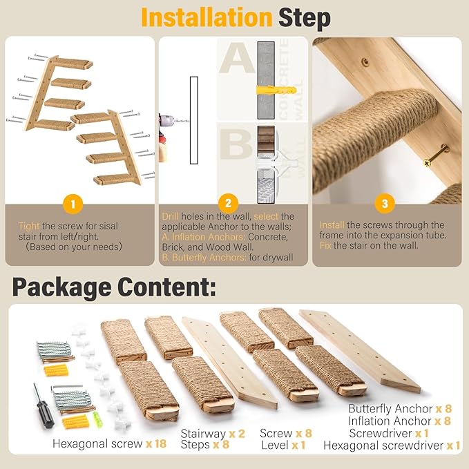 2 Pack 4 Steps Cat Wall Shelves and Stairs with Sisal Rope.Cat Wall Steps/Ladder Furniture ＆ cat Tree Supplies(Catstairs 2Pack-4Steps)