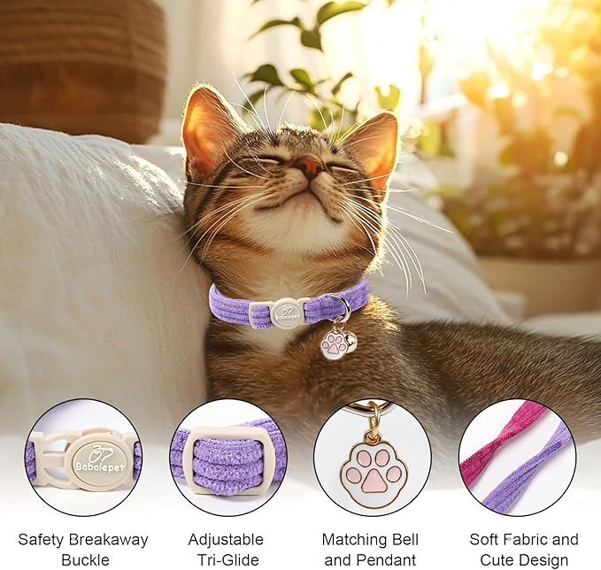 2 Pack Corduroy Cat Collars - Cute Breakaway Cat Collar with Bell and Paw Pendant, Soft Adjustable Fall Winter Kitten Collars for Girl Boy Cats, Lavender&Fuchsia