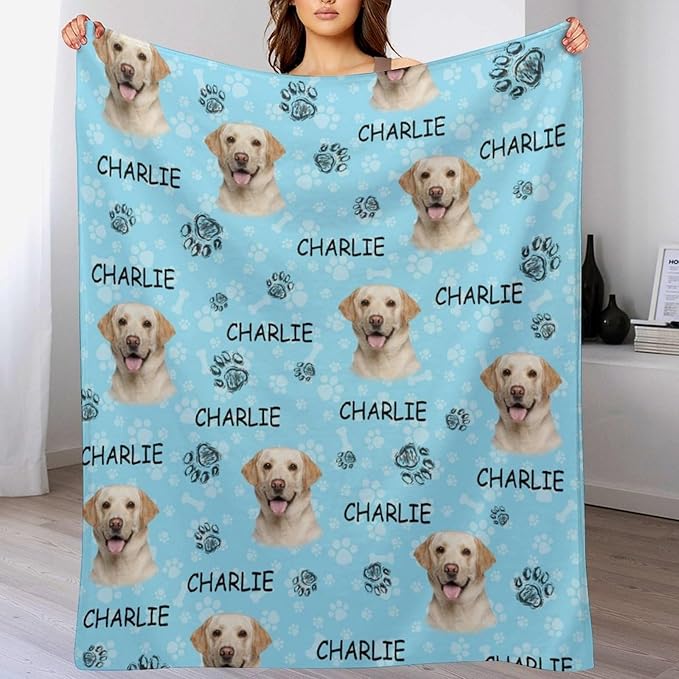Personalized Paw Print Dog Blanket with Pet Name Face-Custom Puppy Blankets with Picture for Dogs-Customized Dog Memorial Throw Fleece Blanket-Loss of Pets Supplies Sympathy Gift for Bed Sofa Travel