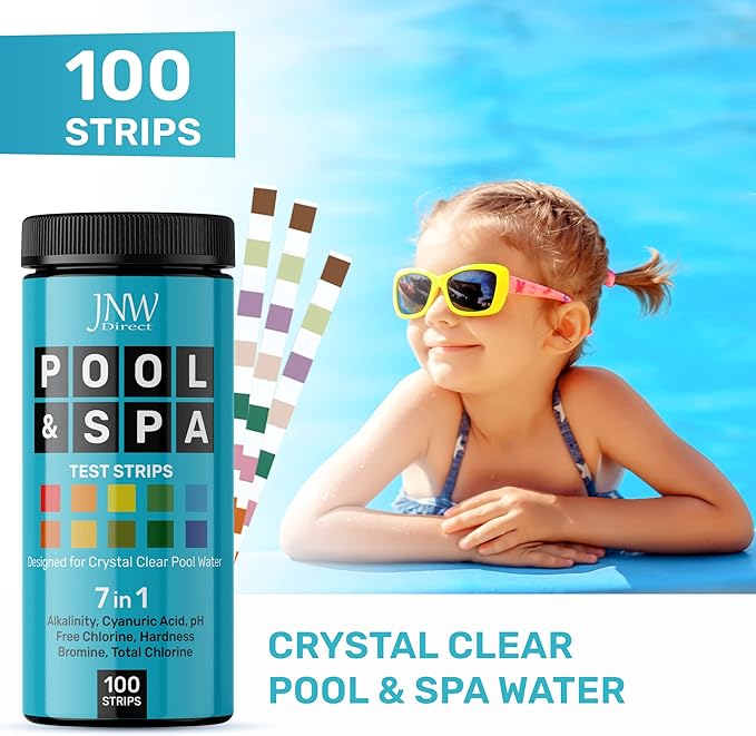 JNW 7-in-1 Pool Test Strips, 100 Quick & Accurate Test Strips for Pool Water, Spa Test Strips for Hot Tub, Chlorine Test Strips, Bromine, pH, Alkalinity, Hardness & More - Swimming Pool Test Kit