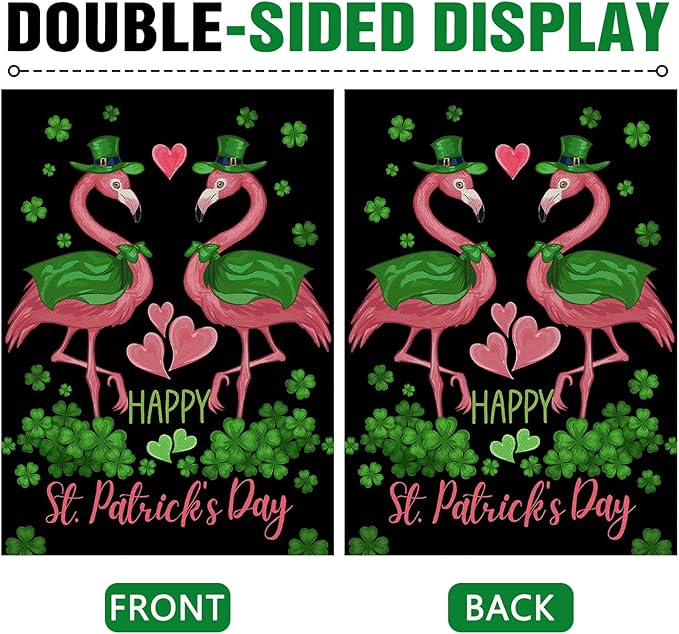 Dyrenson Happy St Patricks Day Flamingo Decorative Garden Flag, Lucky Shamrock Clover Black Yard Outside Home Decorations, Spring Irish Love Hearts Burlap Outdoor Small Decor Double Sided 12 x 18