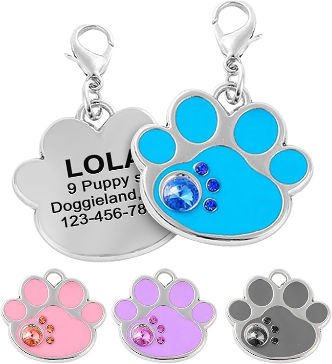 PAWNIMALS Paw Shape Dog ID Tag Stainless Steel Custom Laser Engraved, Cute Bling Glitter Pet Name Tags Personalized with Durable Engraving (Crystal Paws)