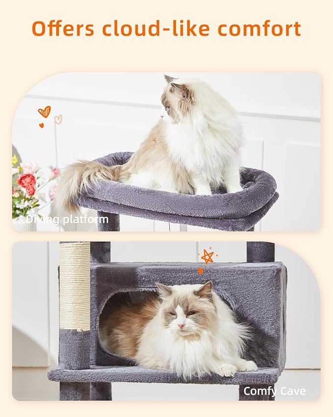 Taoqimiao Cat Tree,49-Inch Cat Tower for Indoor Cats,2 Luxurious cat condo with Adjustable Large Hanging Baskets and Large Luxurious Perch Smoky Gray MS029LG