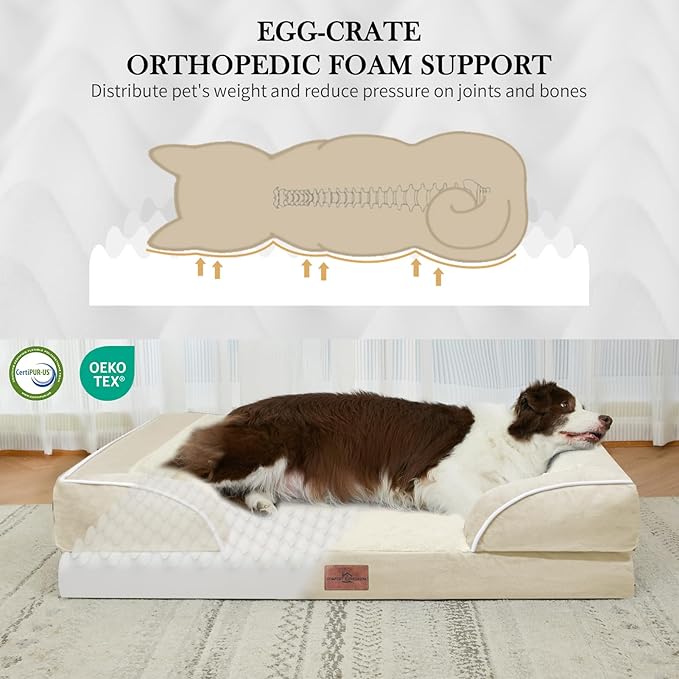 Comfort Expression Orthopedic Dog Bed for Large Dogs 35x22 Inch, Waterproof Supportive Egg Crate Foam Large Pet Bed with Removable Bolsters, Dog Couch with Washable Cover & Non-Slip Bottom, Beige