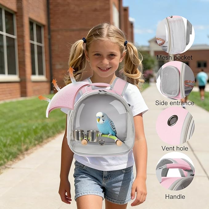 Small Bird Travel Backpack Carrier Cage with Cups, Backpack to Transport Backpack Carrier with Clamp Cups Stand Perch for Parakeet Cockatiel Budgies Vet Carry Book Bag Pink