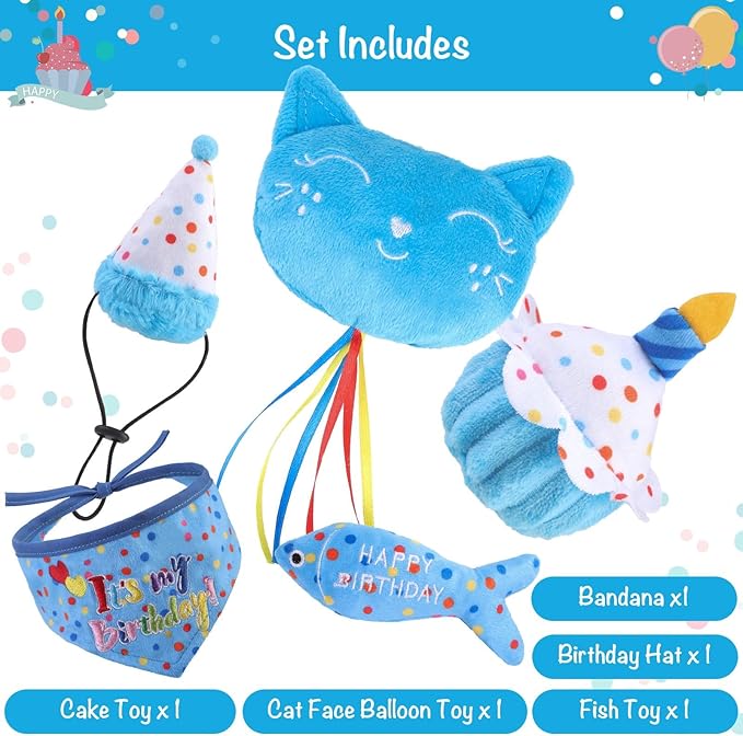 BINGPET Cat Birthday Catnip Toys for Indoor Cats, 5 Pcs Cat Birthday Gift Kitten Interactive Toys for Boy Girl Cats, Soft Plush Catmint Kitty Chew Kick Toy, Hat, Bandana, Balloon, Cake, Fish, Sky Blue