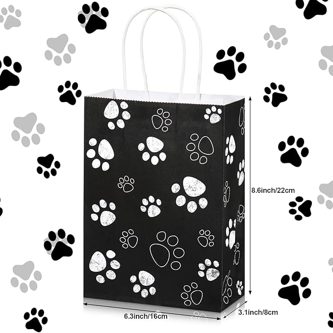 Blulu 20 Pcs Puppy Dog Paw Gift Bags with Paper Twist Handles, Dog Gift Paper Paw Treat Goodie Bags for PET Treat Party Favor, 6.3 x 3.1 x 8.6 Inch(Black Backing)