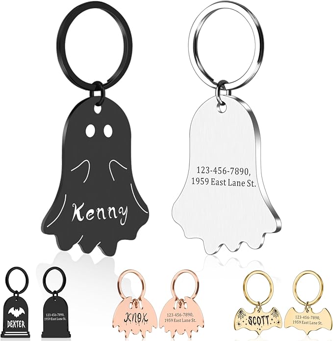 Spooky Dog Tag, Halloween Personalized Dog Tags for Pets, Customized Pet ID Tag for Black Cat, Witch Friendly Cat Tags, Funny Specter Dog Name Tag, Stainless Steel Dog ID Tag Engraved on Both Sides
