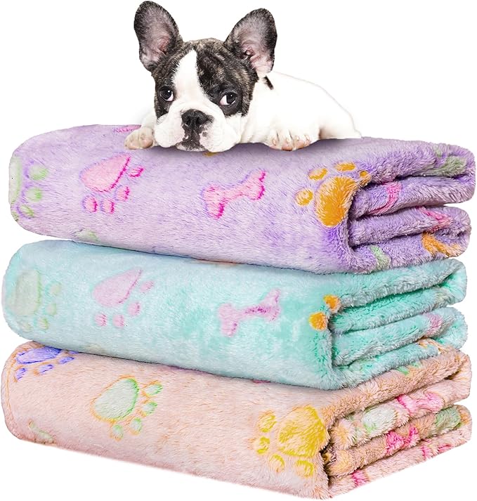 Rezutan 1 Pack 3 Dog Blankets for Small Pet Cat Super Soft Fluffy Premium Throw for Dog Kennels-Beds, Paw Print Blanket, 23x16inch,Purple/Green/Brown