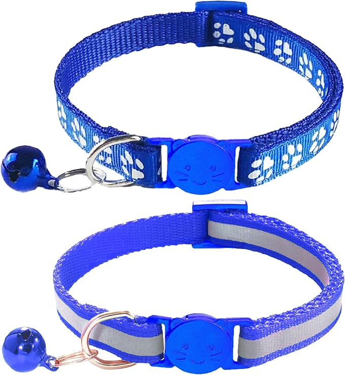 2 Pack Breakaway Cat Collars with Bells, Reflective Design and Claw Print Design, Safety Buckle, Adjustable 7.5-12.5 Inches for Kittens & Cats (Navy Blue)