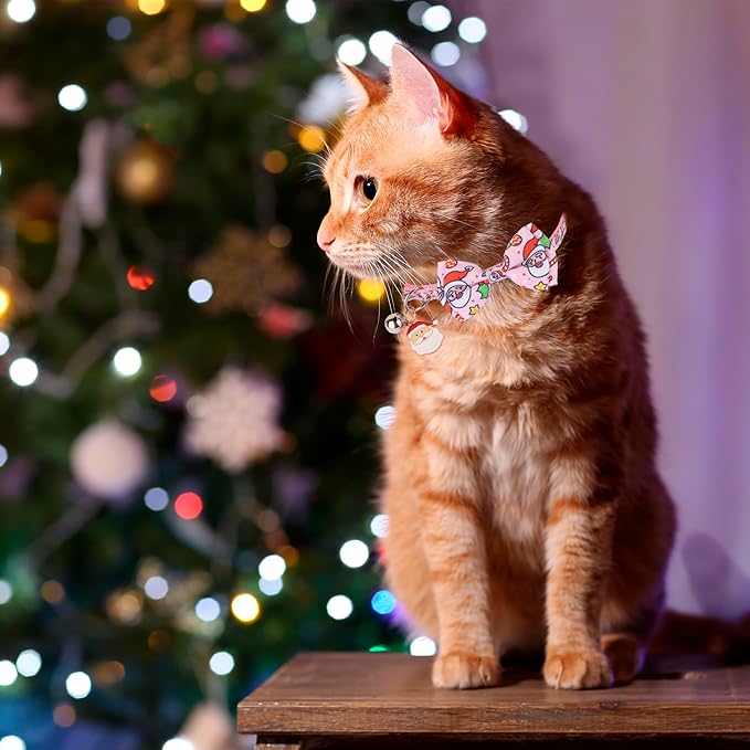 ADOGGYGO Pink Christmas Cat Collar with Removable Bowtie Bell, 2 Pack Pink Santa Gingerbread Man Christmas Collars for Female Cat Kitten