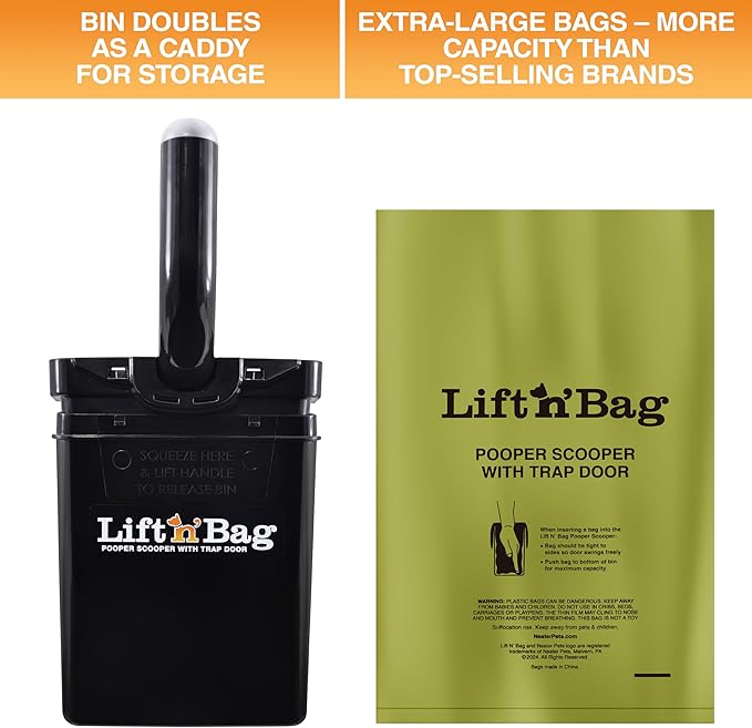 Neater Pet Brands Lift N’ Bag 2.0 Dog Pooper Scooper with Bag Attachment for Small to Large Dogs, New & Improved Design, 195 Refill Bags, Heavy Duty Dog Poop Scooper for Yard & Walks, One-Hand Use