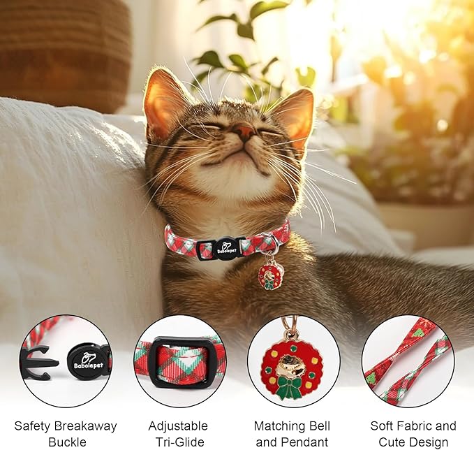 2 Pack Christmas Cat Collars - Breakaway Cat Collar with Bell, Christmas Wreath and Tree Pendant, Winter Adjustable Kitten Collars for Girl Boy Cats, Pink&Plaid