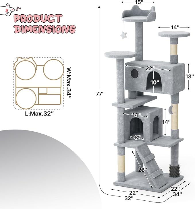 MoNiBloom 77 Inch Cat Tree Tower for Indoor Cats Large Adults, Tall Cat Tower with Scratching Post, Multi-Level Furniture Activity Center with Cat Condo Pet Play House, Light Grey