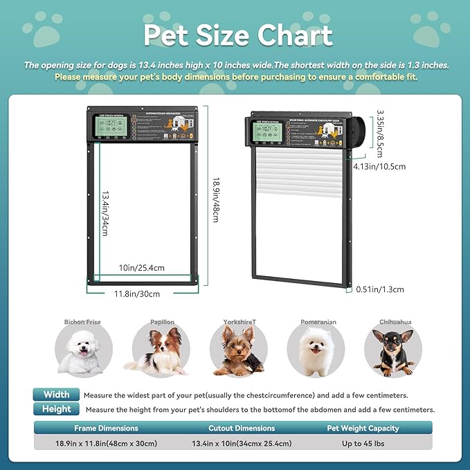Large Size Automatic Dog Door Cat Door Solar - Powered Doggy Door Opener, Timer Modes for Safe and Convenient Dog/Cat Keeping with Radar Mode, Remote Control, Inner Door Dimensions 10" L×13.4" H