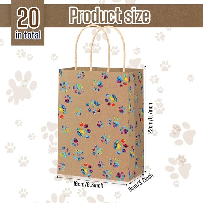 Blulu 20 Pcs Puppy Dog Paw Gift Bags with Paper Twist Handles, Dog Gift Paper Paw Treat Goodie Bags for PET Treat Party Favor, 6.3 x 3.1 x 8.6 Inch(Kraft Backing, Dazzling Paws)
