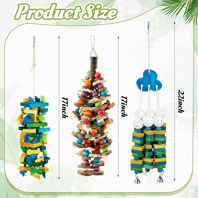 3 Pcs Extra Large Bird Parrot Toy Multicolored Natural Wooden Parrot Cage Chewing Toys for Large Medium Macaws Cockatoos African Grey Birds (Blue Block)