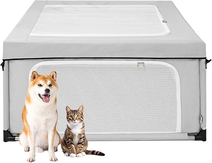 EHEYCIGA 42x42x26 Inches Puppy Playpen with Top Cover for Dogs & Cats Indoor or Outdoor - Dog Playpen with Door, Dog Fence for Small Animal with Heavy-Duty Oxford & Steel Frame, Sliver Grey