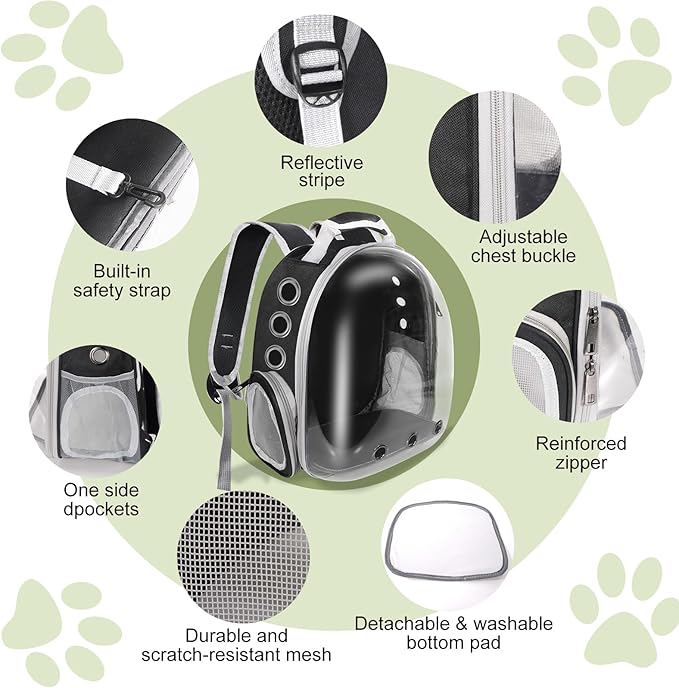 Pet Carrier Backpack Bearded Dragon Cat Bird Rabbit Guinea Pig Small Animal Carrier Backpack with Clear Bubble Window Ventilated Space Capsule Design Black and White