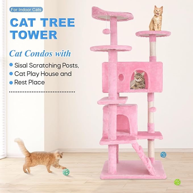 FDW | 54" Cat Tree Tower | Pink | Multi-Level Indoor Activity Center with Sisal Scratching Posts, Condos, Plush Perches, Hanging Cat Toys | Sturdy, Easy to Assemble | for Kittens & Adult Cats