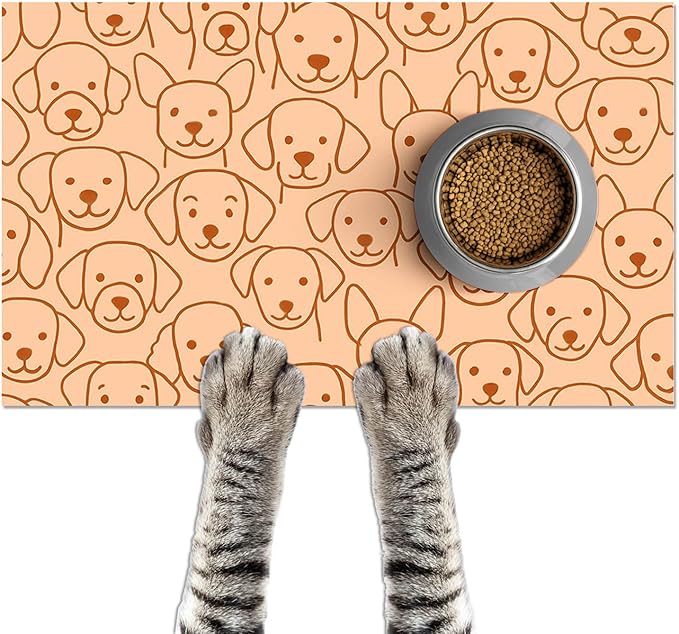 Adorable Cute Dog Faces Pattern Pets Food Mat Spill-Proof Pets Feeding Mats Cats Food and Water Bowl Pet Easy Clean Fast Dry Pet Mats for Foods and Water Mat for Cat Dogs 20" x 12"