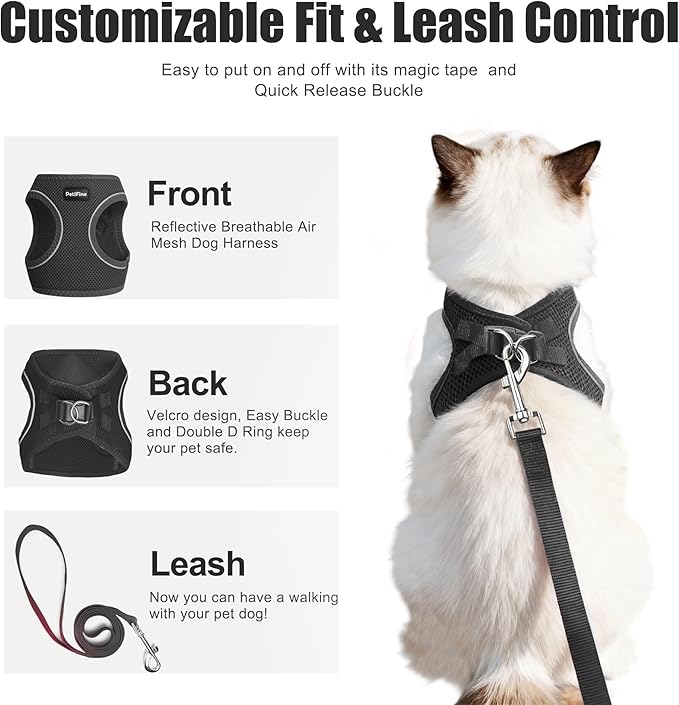PetiFine Cat Harness and Leash Set,Escape Proof Kitten Harness Reflective,Soft Lightweight Puppy Harness for Walking and Travelling(XXS, Black)