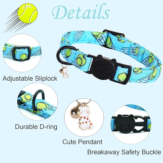 Cat Collar-2 Pack Cat Collars Tennis Balls & Footprint Cat Collar Breakaway with Kitten and Bell Pendant Safety Buckle Pet Collar Cute Cotton Collar for for Cats and Small Pets