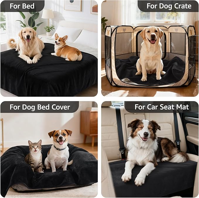 LOOBANI Waterproof Dog Blanket: Spill-Proof Puppy Blankets for Small Medium Dogs Washable, Reversible Soft Flannel Pet Throw for Dog Bed, Crate, Couch Sofa Cover, Travel, 30" x 40", Black & Beige