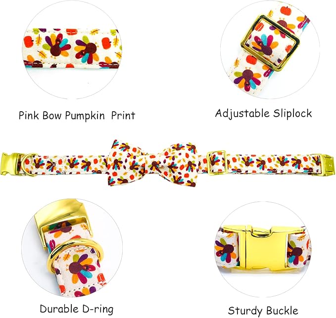 Thanksgiving Dog Collar, Turkey Dogs Collars Bow Tie Pet Collar Adjustable Pet Collars Premium Metal Buckle Autumn Leaf Necklace for Large Dogs