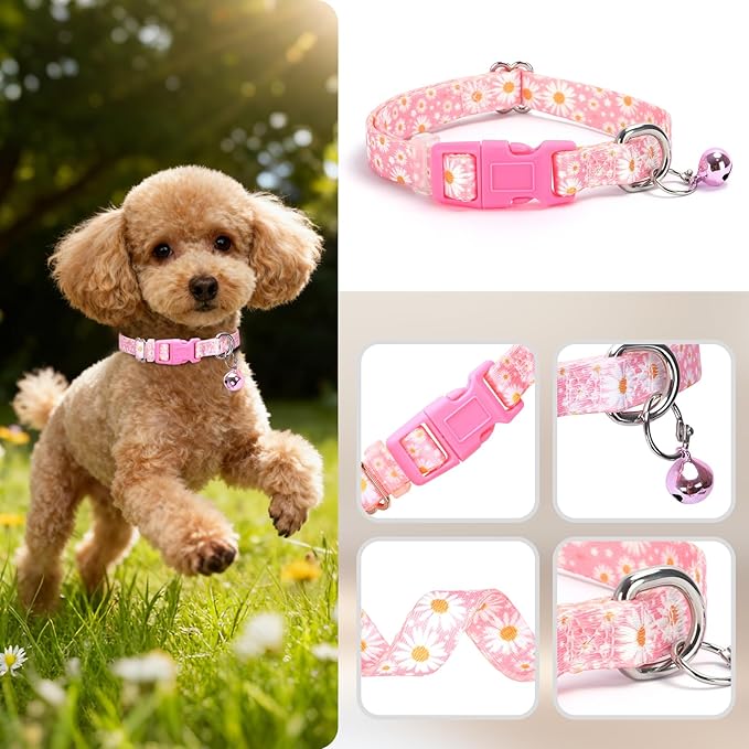 Pink Puppy Collar with Bell -Nylon Collar for Chihuahua Pomeranian Yorkie, Adjustable XXS/XS for Walks & Daily Play (Daisy XS)