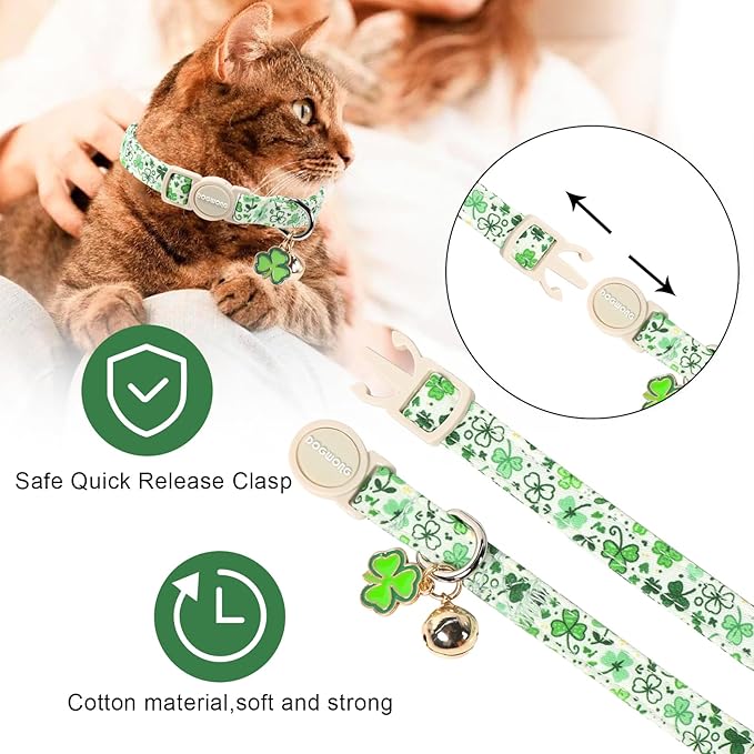 2 Pack St. Patrick's Day Cat Collars, DOGWONG Spring Green Shamrock Cat Collars with Safety Buckle for Cats