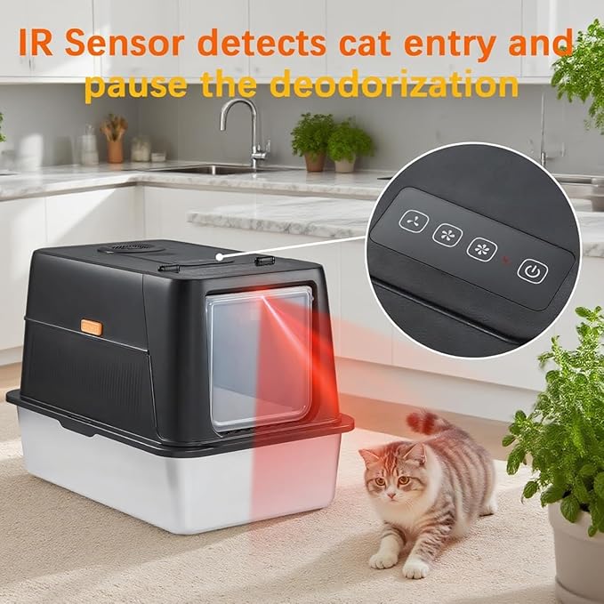 Breeze Litter Box System Stainless Steel Litter Box with Lid, 3-in-1 Design 160° Flip-Top Cat Litter Box Enclosure,Smart Air Extraction System Odor Contral, Dual Safety Infrared Sensor, Easy to Clean