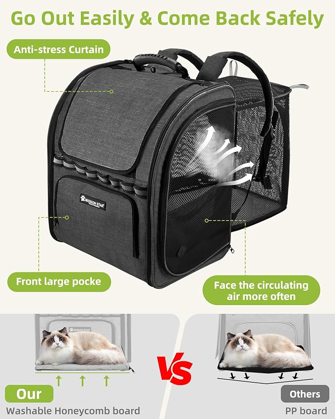 Expandable Cat Carrier Backpacks with Breathable Mesh, Pet Carrier Backpack for Cats Small Dogs Puppies Up to 20 Lbs, Dog Carrier Backpack Great for Travel/Hiking/Camping/Outdoor-Grey with Orange