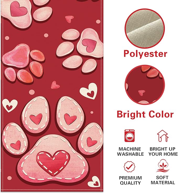Valentines Day Dog Cat Paw Prints Table Runner, Red Love Hearts Kitchen Dining Table Decoration Pet Lover Gift, Anniversary Wedding Burlap Indoor Outdoor Home Decor Party Supply 13 x 48 Inches