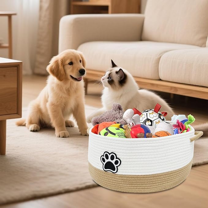 Dog Toy Basket,Large Dog Toy Storage Woven Rope Basket ,Dog Toy Bin with Comfortable Handles,for Dog Cat Storage Organizer,Blanket & Leash Storage,Toys,White & Brown