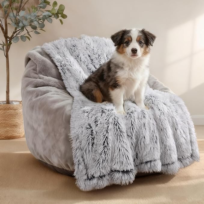 Luciphia Large Waterproof Dog Blanket Pet Washable Liquid Proof Furniture Protector Medium Shaggy Plush Calming Long Faux Fur Bed Cover for Couch Cat Blankets Kitten Doggy, Mist Grey, 40" x 50"