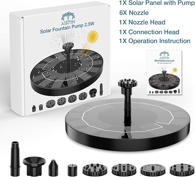 AISITIN 2.5W Solar Bird Bath Fountain Pump, Solar Fountain Pump for Bird Bath with 6 Nozzles, 6.7" Solar Powered Water Fountain Pump for Garden, Ponds, Pool, Fish Tank, Aquarium and Outdoor