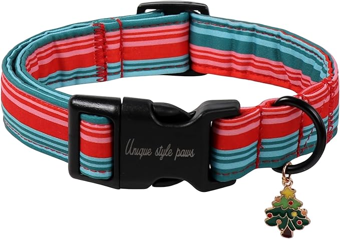 Christmas Dog Collar, Unique Style Paws Red Green Strips Dog Collar for Christmas Comfortable Red Pet Collar with Lightweight Plastic Buckle for Holiday, Fancy Dog Gift