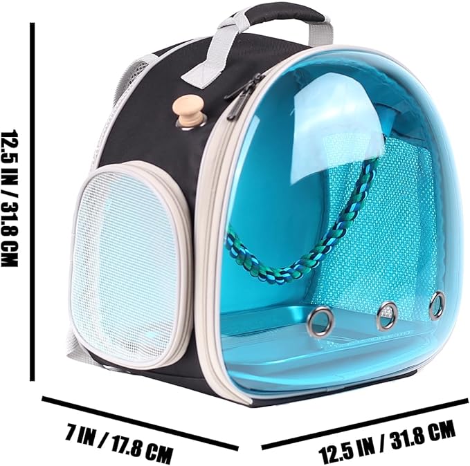 Polarized Tinted Blue Bubble Small Bird Carrier Travel Cage, Portable Bird Carry Backpack with Stainless Steel Tray and Standing Perch for Parakeet Cockatiel Budgies