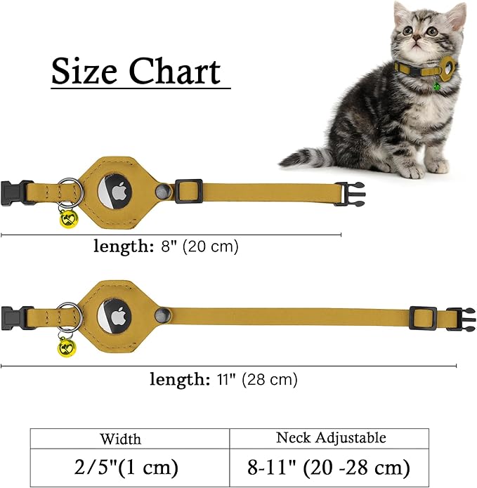 Breakaway Airtag Cat Collar with Removable Bell - Leather Pet Collar with Apple Air Tag Holder - Adjustable GPS Collars for Girl Boy Cats Kitten Puppy - Lightweight, Cute and Comfortable (Yellow)