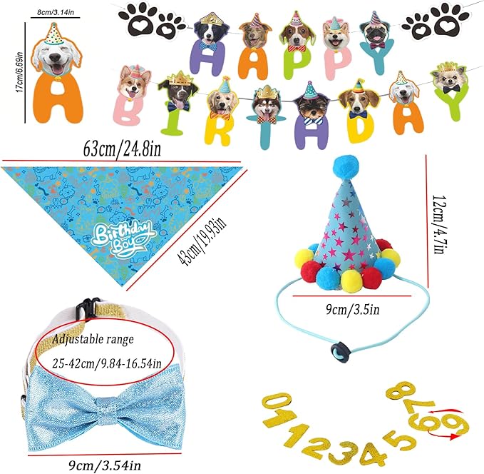 Happy Birthday Dog Party Supplies Kit - Dog Party Hat, Bandana, Bowtie & Happy Birthday Banner Decorations for Small Dogs, Puppy Birthday Outfit Accessories & Pet Birthday Party Decor (Blue)