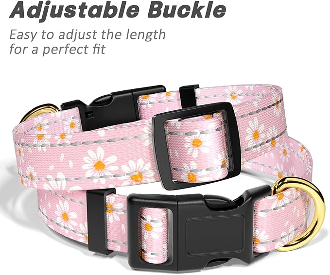 Reflective Dog Collar for Extra Small Dogs, Cute Daisy Theme Adjustable Heavy-Duty Nylon Puppy Collar for Boy and Girl Female, Soft Pet Accessories with Quick Release Buckle, Neck 8-12", Pink