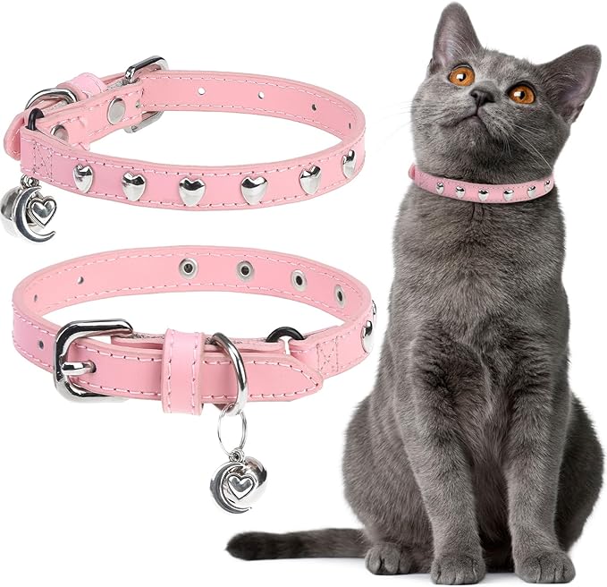 EXPAWLORER Leather Cat Collar for Girl Boy Valentine's Day - Adjustable Pet Collar with Safety Elastic Belt,Personalized Heart Accessories Buckle Collars with Bell & Durable D-Ring,Heart(Pink)