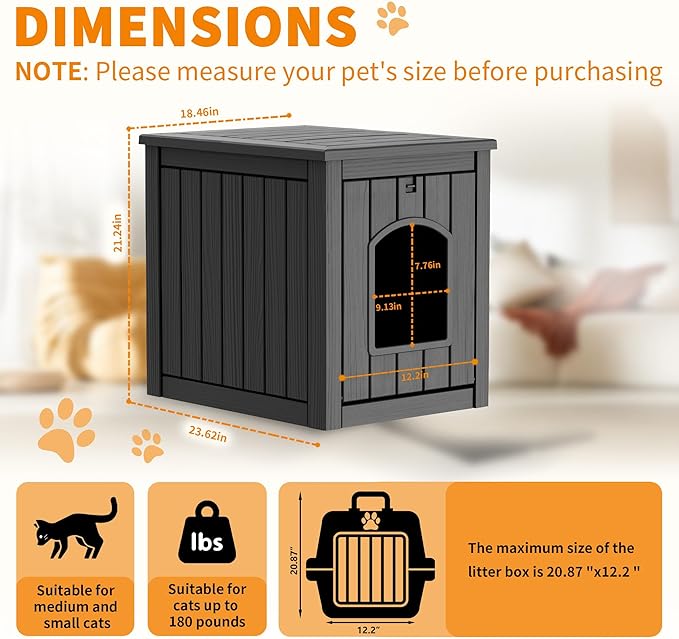 Cat Litter Box Enclosure, Multi-Functional Hidden Cat Litter Box Furniture & Indoor Outdoor Cat House with Side Table Design, Openable Front Door & Raised Floor, Easy to Clean & Assemble, Black