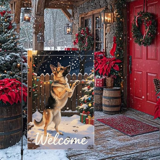 German Shepherd Welcome Garden Flag 12x18 Inch Double Sided Winter Christmas Burlap Yard Banner Outdoor Dog Lover Holiday Seasonal Decor for Home