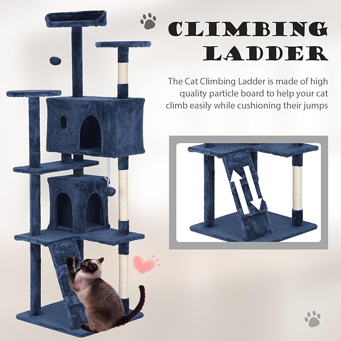 Heavy Duty Cat Tree Tower, 70" Tall Cat Tower for Indoor Cats with Cat Scratching Post with Bed, Cat Condo, Hanging Ball, Multi-Level Cat Climbing Tower Cat Trees Furniture Activity Center, Navy Blue