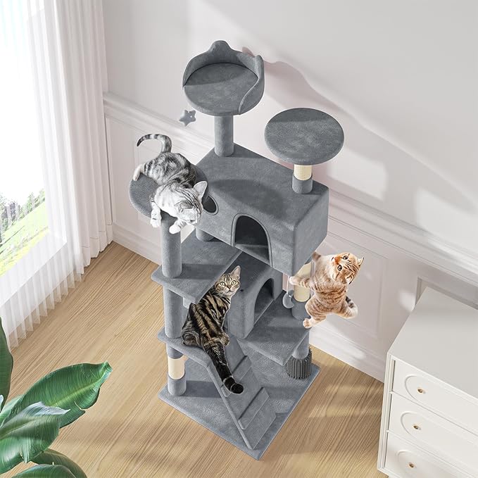 MoNiBloom 70 Inch Cat Tree Tower for Indoor Cats Large Adults, Tall Cat Tower with Scratching Post, Multi-Level Furniture Activity Center with Cat Condo Pet Play House, Light Grey