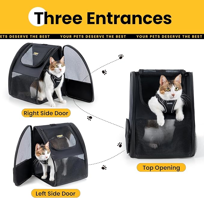 Cat Backpack Carrier for Small Dogs and Cats Fit Up to 15 Lbs,Small Dog Backpack, Foldable with 3-Side Mesh Windows, Pet Carrier for Travel & Hiking Friendly，Black