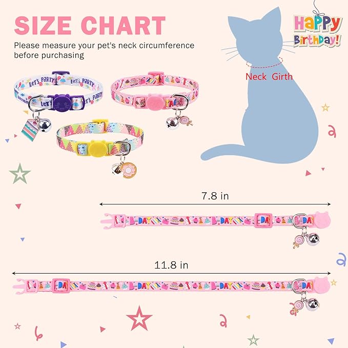 SCENEREAL Birthday Cat Collars Breakaway with Bells, 3 Pack Adjustable Cat Collars for Boy and Girl, Cute Cat Collar for Kitten Cats, Birthday Collar with Cake and Donut Jewelry