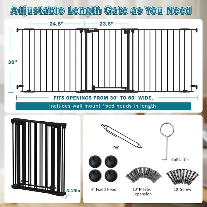 Mumeasy 80" Extra Wide Baby Gate for Doorways, Stairs & Fireplace, Auto Close Dog & Pet Gate with Walk Thru Door, 3 Metal Panels, Hardware Mounted Child Safety Fence for House, Indoor/Outdoor, Black